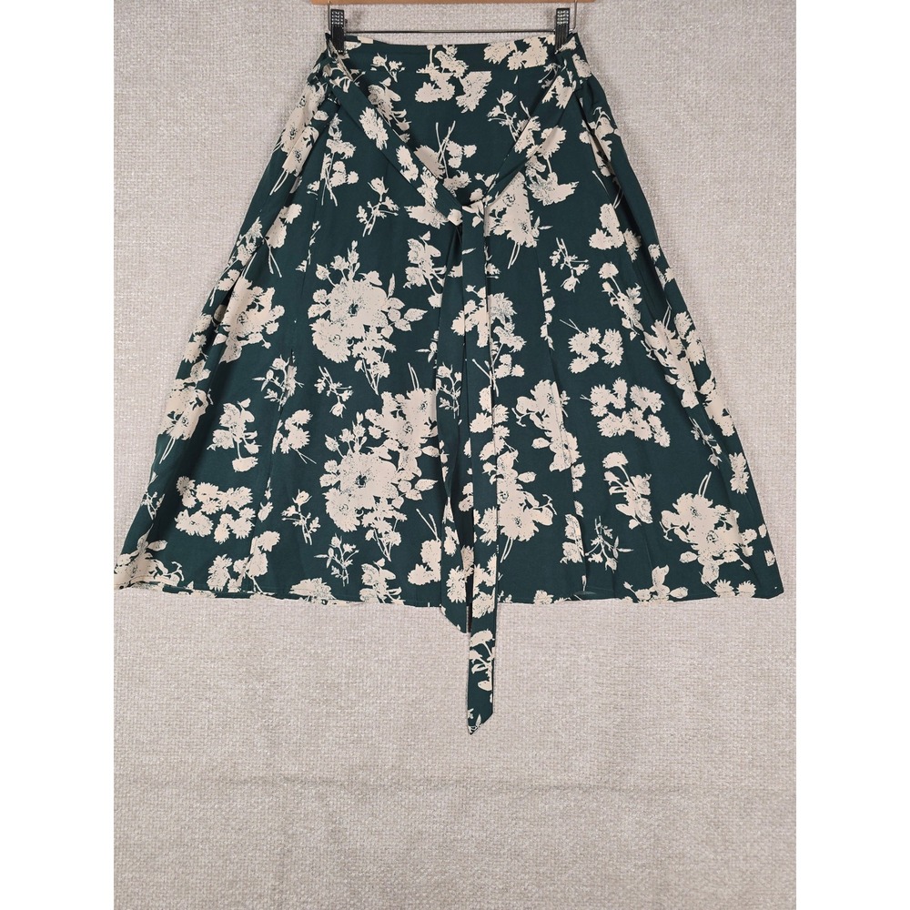 Allegra K XL Green Floral Midi Skirt A-Line Self Tie Belt Side Slit Womens